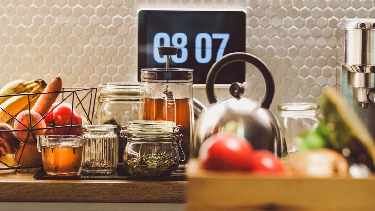 Home kitchen items interior. Tea jars teapots.